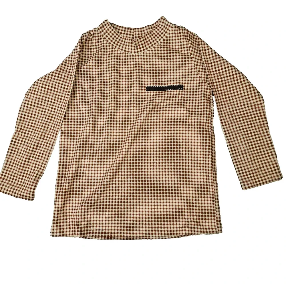 Boys Long Sleeve Brown Gingham Crew Collar 4T No Tag
